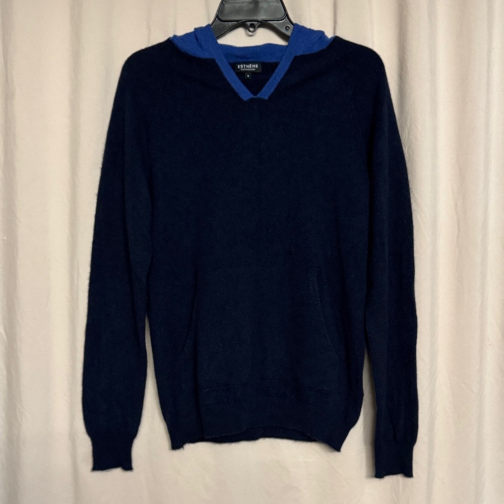 ESTHĒME 100% Cashmere V-neck Hooded Sweater, Size S, Color Navy and Light Blue